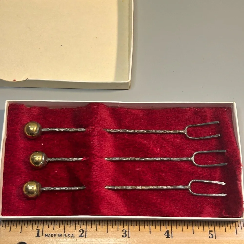Vintage Cocktail Hors D'Ouvre‎ Picks Set Of 3 In Box Gold Silver Color Rustic